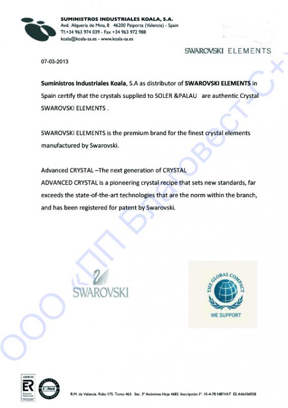 Сертификат на элементы SWAROVSKI для вентиляторов S&P Сертификат на элементы SWAROVSKI для вентиляторов S&P